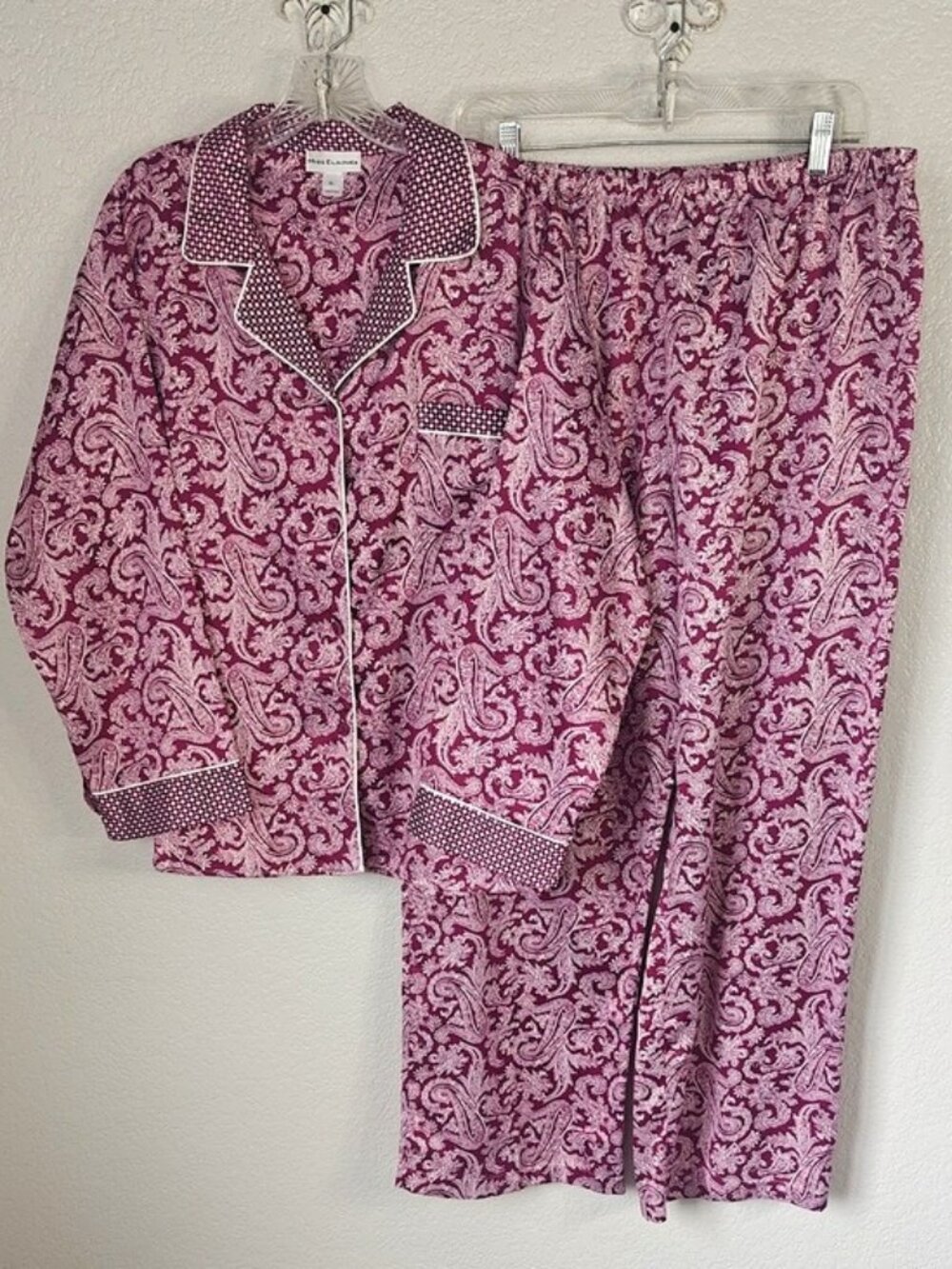Miss Elaine XL Pajama Set Burgundy Paisley Brush Back Satin Long Sleeve & Pants